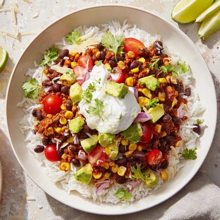 Imagine a Tex-Mex Rice, Bean, and Corn Burrito Bowl, filled with fresh cilantro and vibrant toppings.