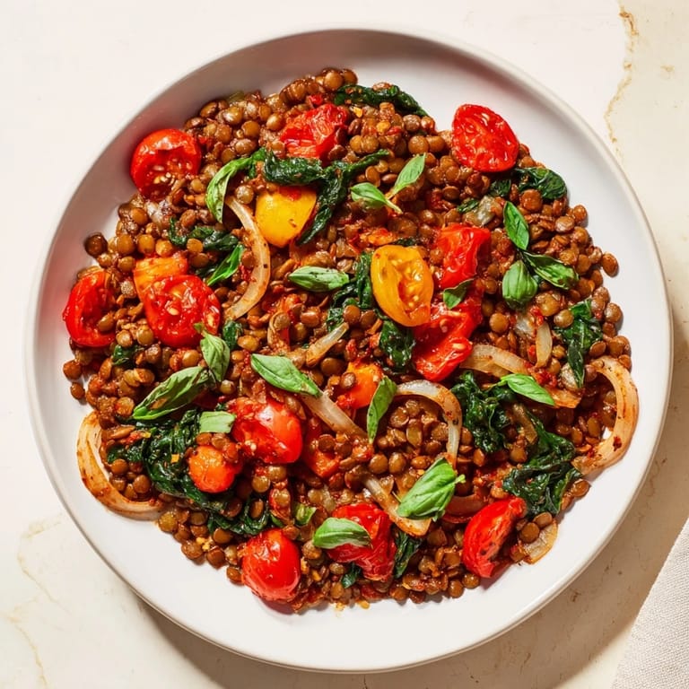Healthy Lentil-Tomato Skillet, featuring a colorful medley of fresh ingredients, ready to serve hot.
