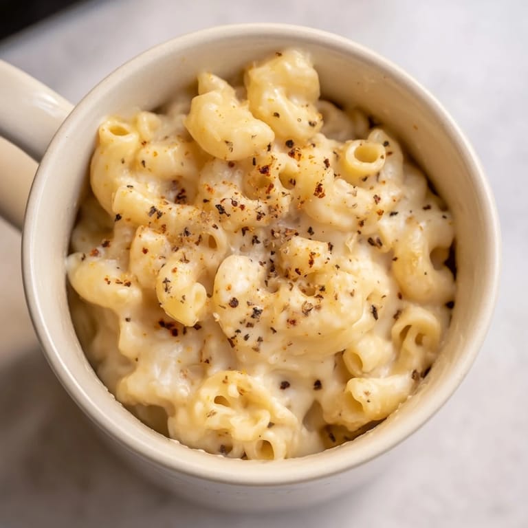 A single serving of creamy, microwaved mug mac & cheese with a sprinkle of Parmesan, ready to eat.