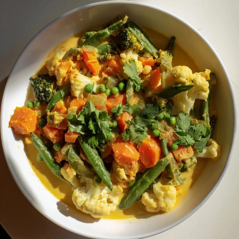 Vibrant plate of Veggie Coconut Curry, a hearty, flavorful, and easy Indian-inspired meal.