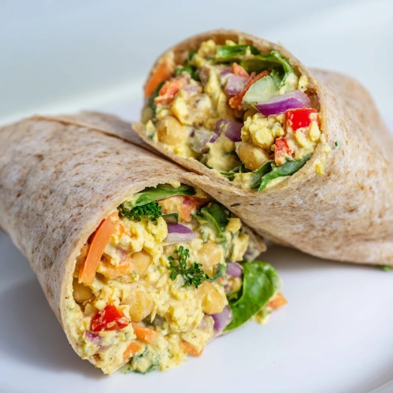 Freshly made chickpea salad wraps featuring a vibrant filling and wrapped in warm tortillas, ready to eat.
