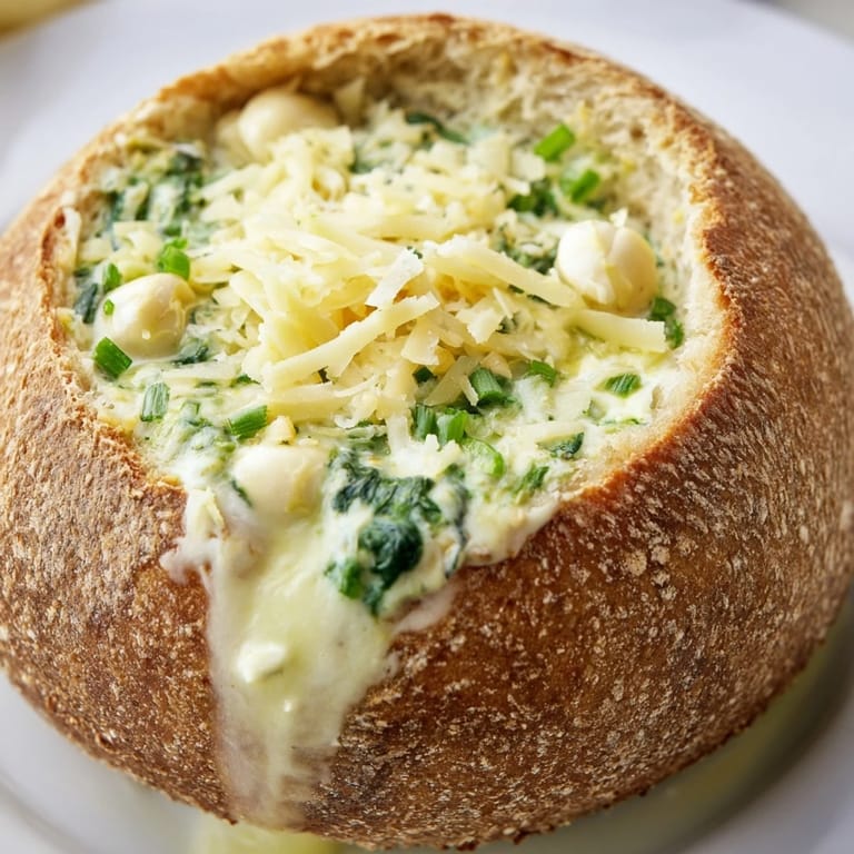 A delicious view of the Best-Ever Spinach Dip, baked golden brown inside a crusty sourdough bowl.