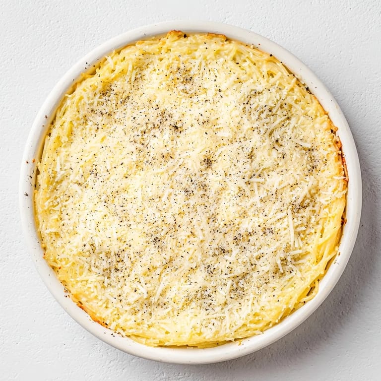 A close-up shot of the baked Cacio e Pepe Pasta Pie with a perfect, golden crust.