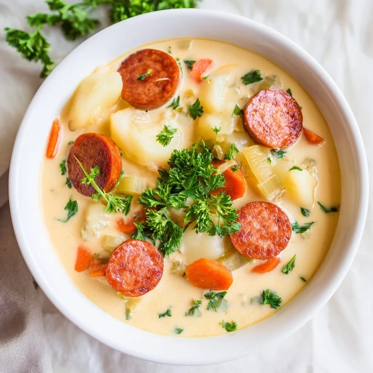 A close-up of Creamy Chorizo Potato Soup, showcasing the rich texture and vibrant colors of the ingredients.