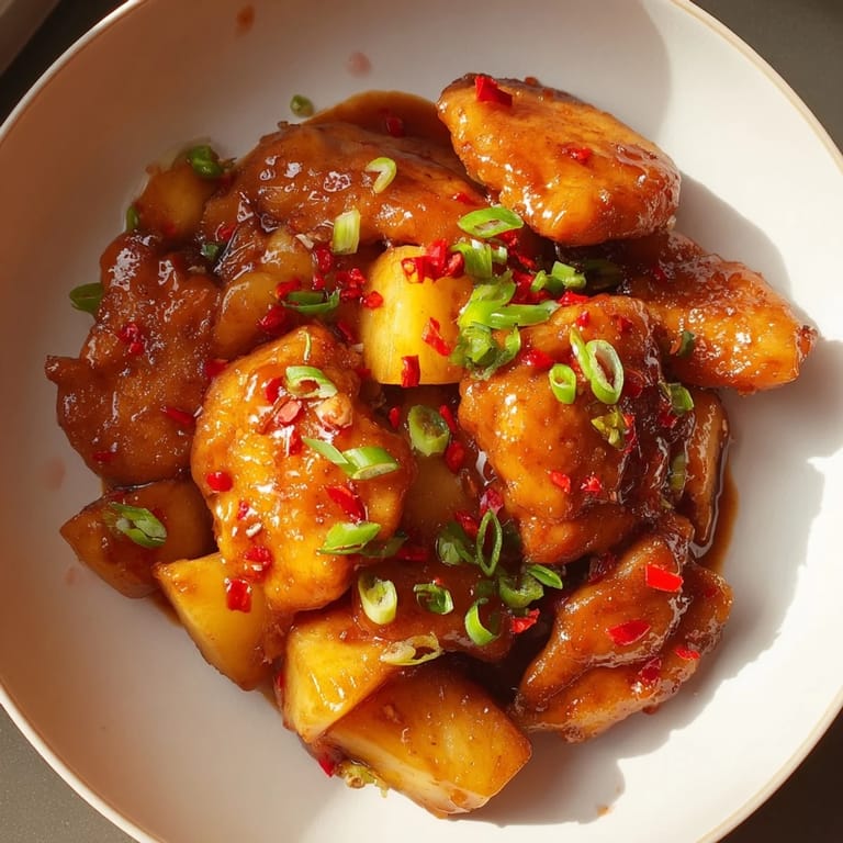 This baked Brown Sugar Pineapple Chicken offers a sweet and savory glaze coating tender chicken pieces.