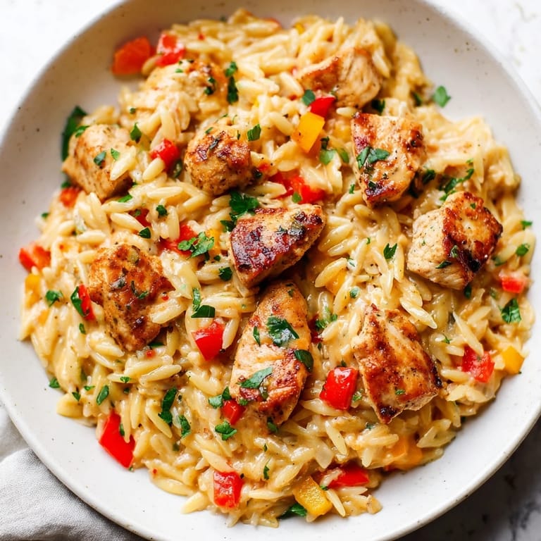 Picture creamy One-Pot Cajun Chicken Alfredo Orzo; tender chicken and orzo mingling with spices.