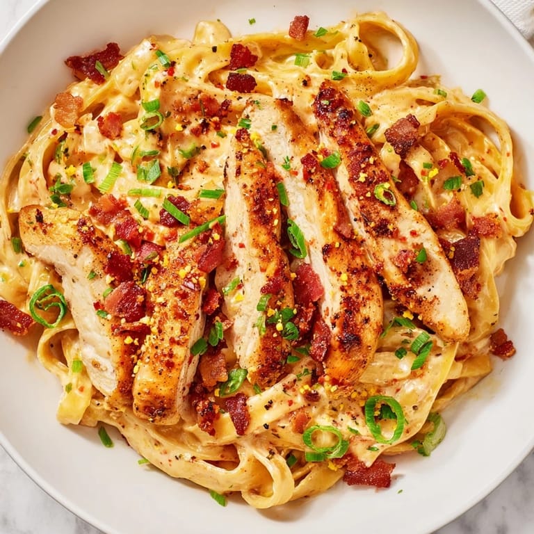 Fettuccine pasta is coated in creamy parmesan sauce, topped with tender chicken in this Southern Style dish.