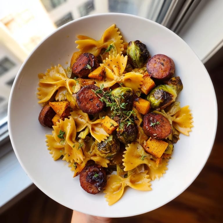 A close-up of steaming autumn sausage pasta squash, garnished with fresh thyme leaves and smoky sausage.