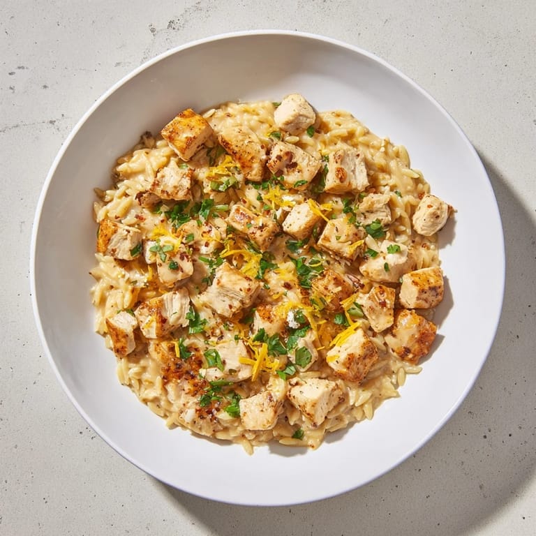 A bubbling skillet of One-Pot Cajun Chicken Alfredo Orzo, with a rich, Parmesan-infused sauce just about ready.