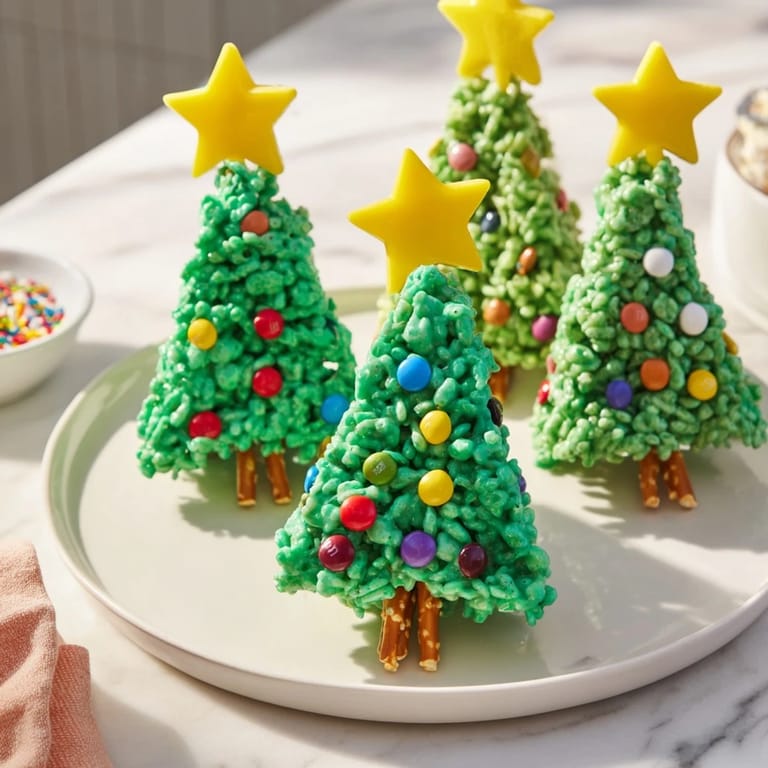 Close-up of freshly made Christmas Tree Rice Crispy Treats: sweet, crunchy, and perfect holiday fun.