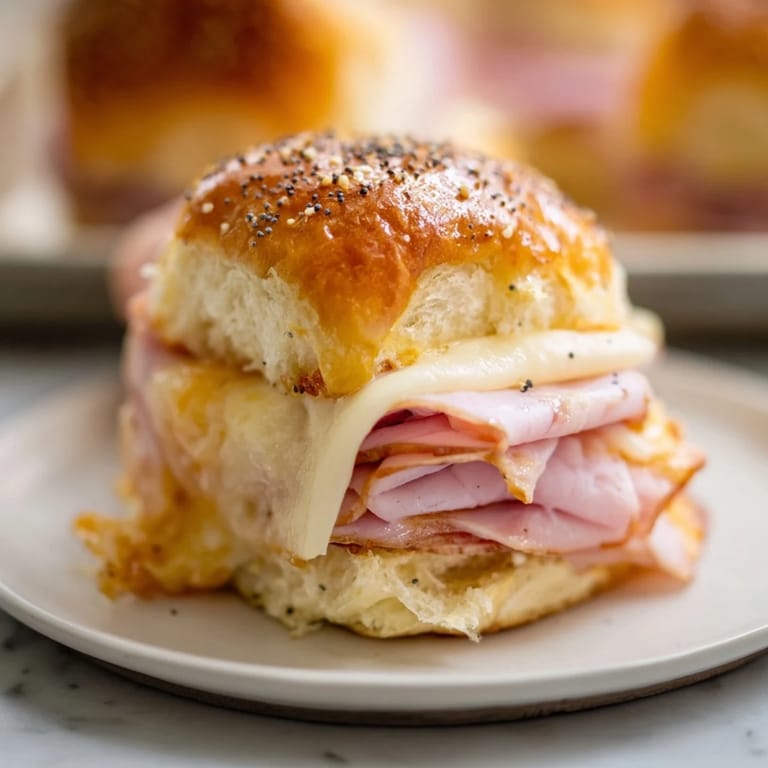 Mouthwatering image of baked Budget-Friendly Ham & Cheese Sliders, perfect for a quick snack or meal.