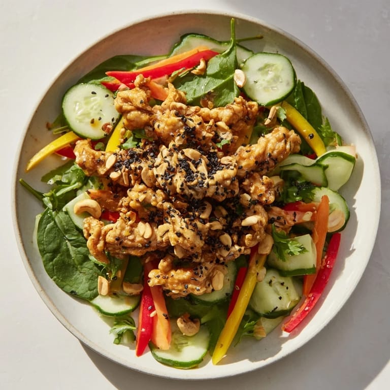 Freshly prepared High-Protein Chicken Stir-Fry Salad Bowl, featuring tender chicken and a vibrant sesame-ginger dressing.