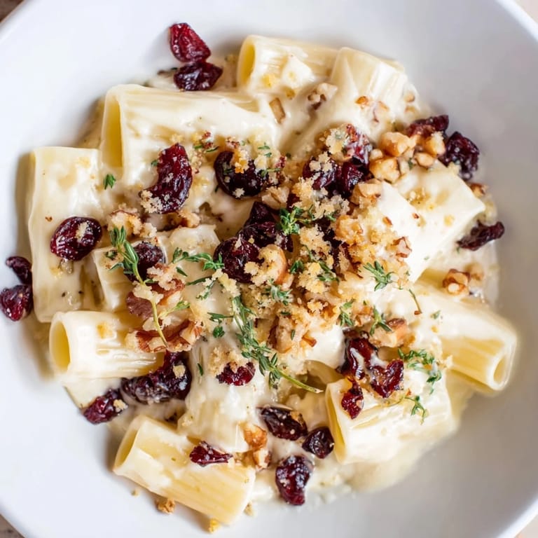 Close-up of a festive bowl of Cranberry and Brie Tartlet Pasta with fresh thyme and vibrant cranberries.