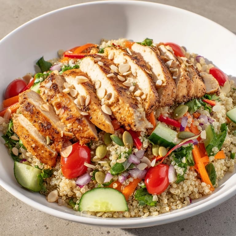 A colorful bowl of Crunchy Quinoa Chicken Salad, showcasing fresh vegetables and flavorful chicken slices.