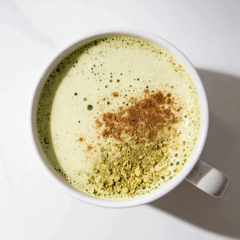 Homemade Cinnamon Maple Oat Milk Matcha Latte garnished with cinnamon, a comforting morning treat.