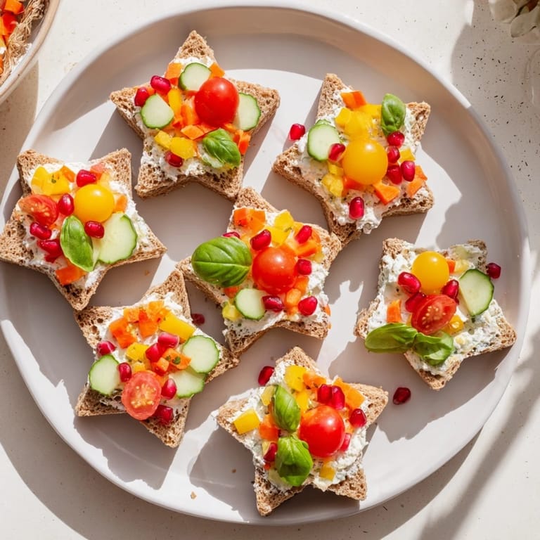 A platter of fun, vibrantly decorated Crown Jewels Star-Shaped Sandwiches, perfect for a kids' party lunch.