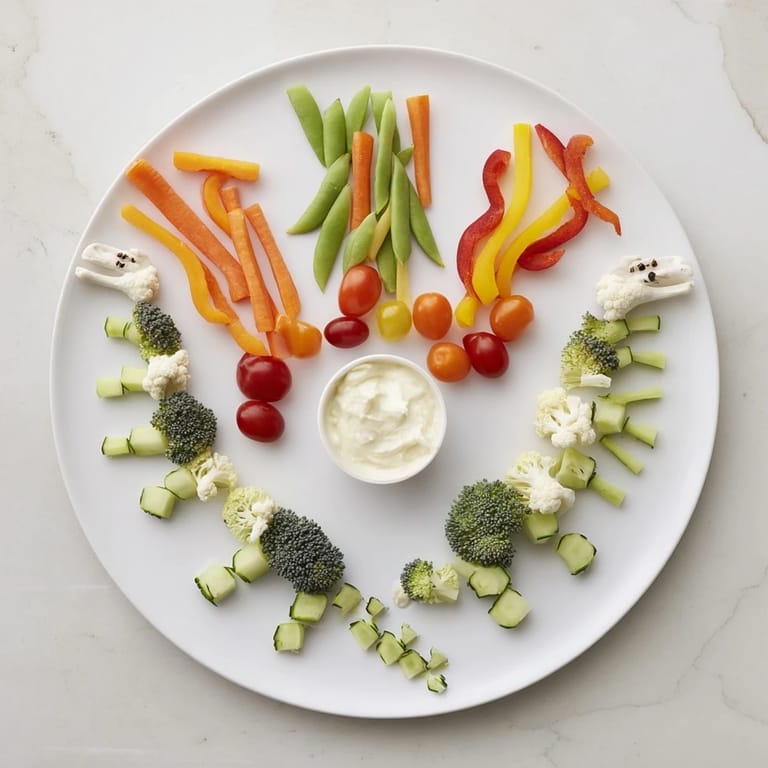 Beautifully constructed Dino-Mite Dinosaur Fossil Crudités appetizer with rows of vibrant vegetables and creamy dip.