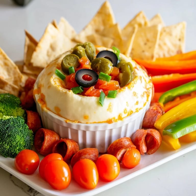 A delicious shot of the Lava Flow Volcano Dip Platter, showcasing creamy, spicy cheese with fresh veggies and chips.