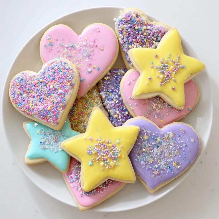 Freshly iced Princess Palace Heart & Star Treats, with sparkling glitter, perfect for tea parties or fun treats.