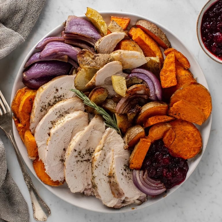 This delicious harvest turkey platter presents tender turkey slices alongside colorful roasted root vegetables.