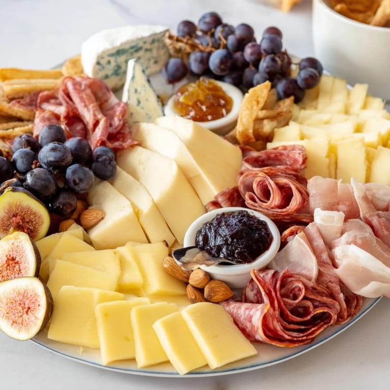 Vibrant photo showcasing a ready-to-serve Wine & Food Pairing Platter, filled with gourmet delicacies to enjoy.