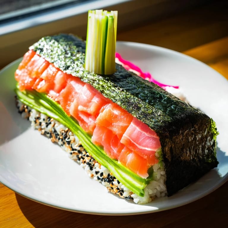 Playful arrangement of sushi sailboats, ready to sail with their daikon sails; a perfect party dish.