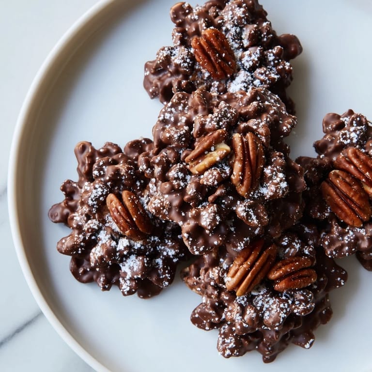 Beautifully crafted Pinecone Chocolate Nut Clusters sprinkled with powdered sugar, offering a rich, crunchy texture.