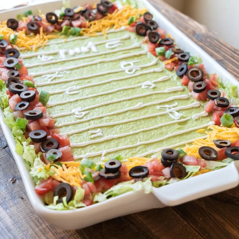 Game day calls for this delicious football field dip, showcasing colorful layers and fresh cilantro.