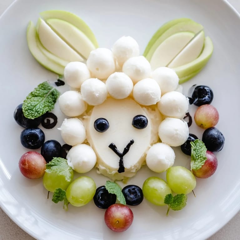 The Lamb Face Fruit and Cheese Platter features a creamy pear base, surrounded by mozzarella "wool."