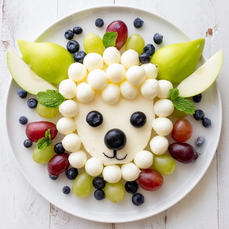 Create an adorable Lamb Face Fruit and Cheese Platter with colorful grapes, olives, and fresh mint on display.