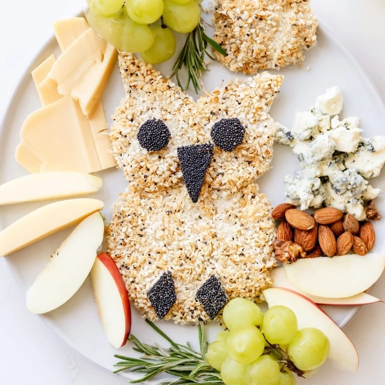 See an inviting Owl Cracker and Cheese Board displaying various cheeses alongside the owl-shaped crackers and nuts.