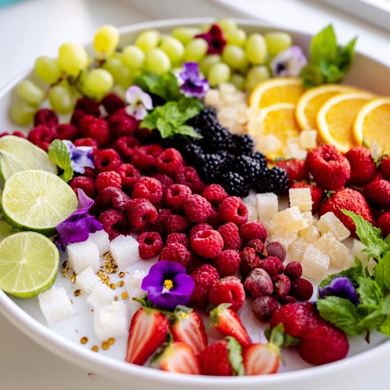 A beautifully arranged Bubbly Bar Garnish Platter features juicy berries, citrus slices, and fresh herbs to complement any sparkling wine.