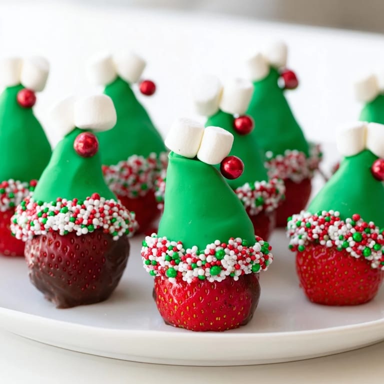 Vibrant Elf Hat Chocolate Dipped Strawberries, a delightful dessert, ready to be enjoyed at a holiday gathering.