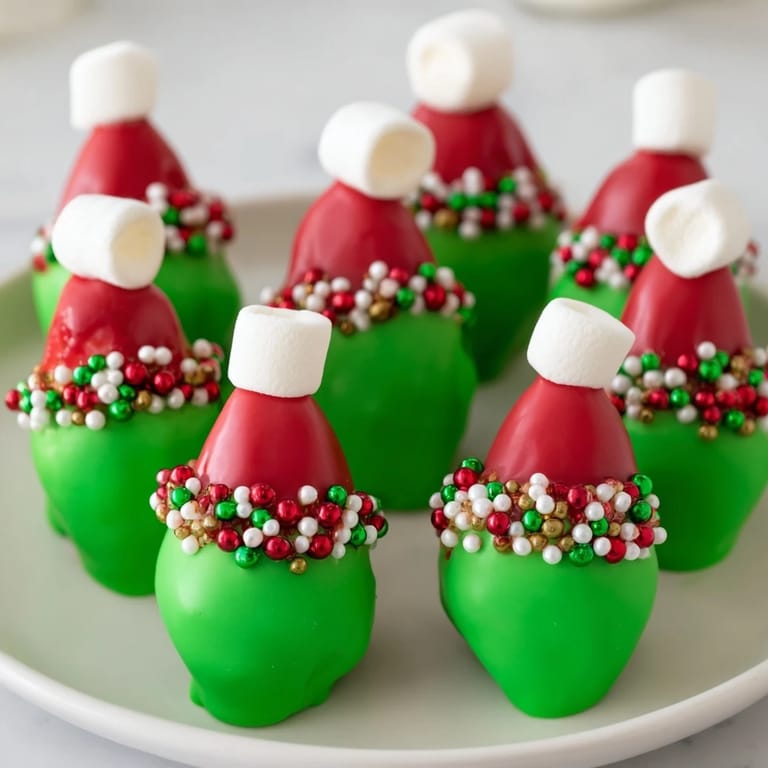 Close-up of festive Elf Hat Chocolate Dipped Strawberries, showcasing the red berries and chocolate detail.