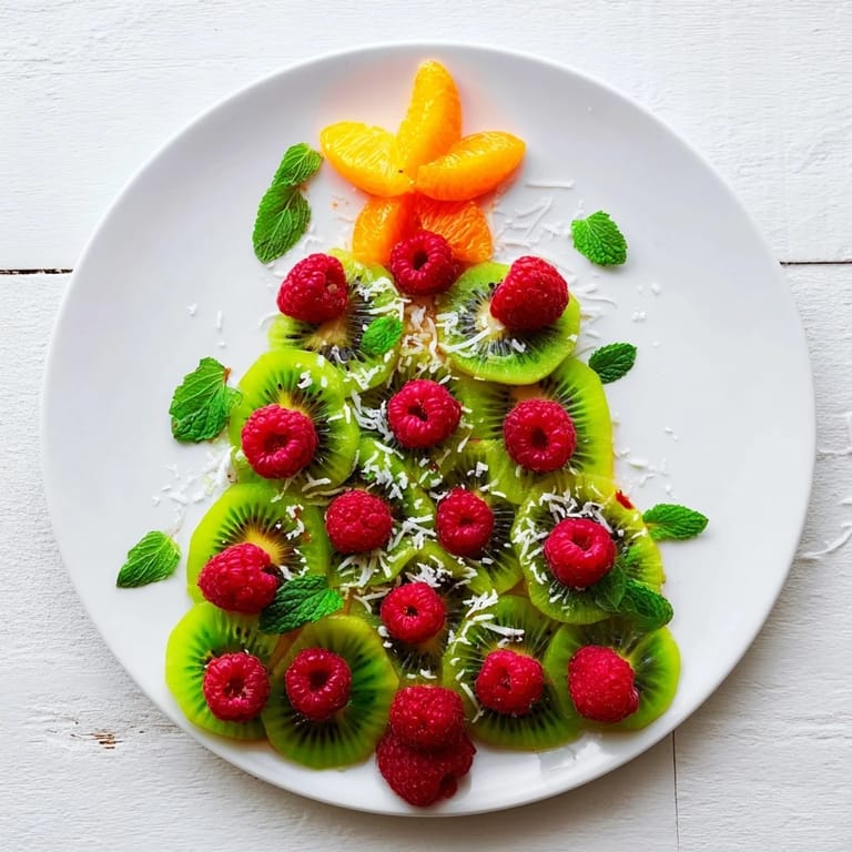 Bright red raspberries and green kiwi slices make a beautiful Christmas tree fruit plate display.