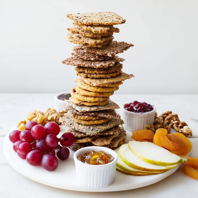 A beautifully styled Gourmet Crackers presentation with a selection of jams, fruits, and cheeses.
