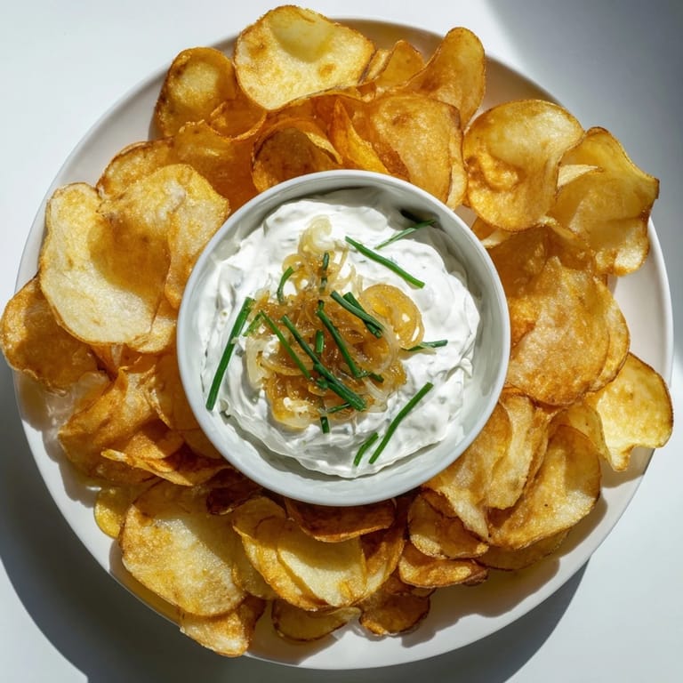 Close-up of golden potato chips next to a bowl of creamy, homemade onion dip for dipping.