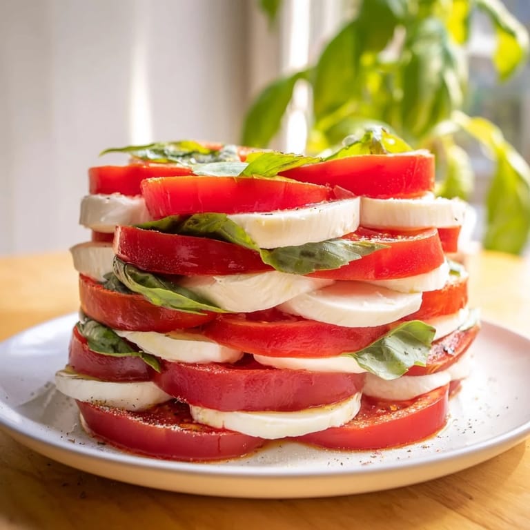 Fresh mozzarella and tomato rounds paired, topped with basil, a simple Italian side dish.