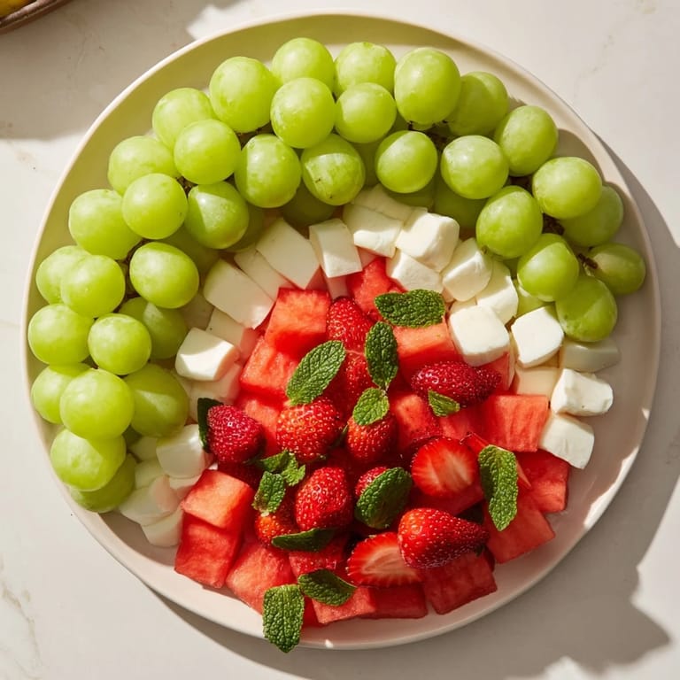 Making a refreshing Summer Watermelon Slice appetizer with green grapes and a colorful, fruity interior.