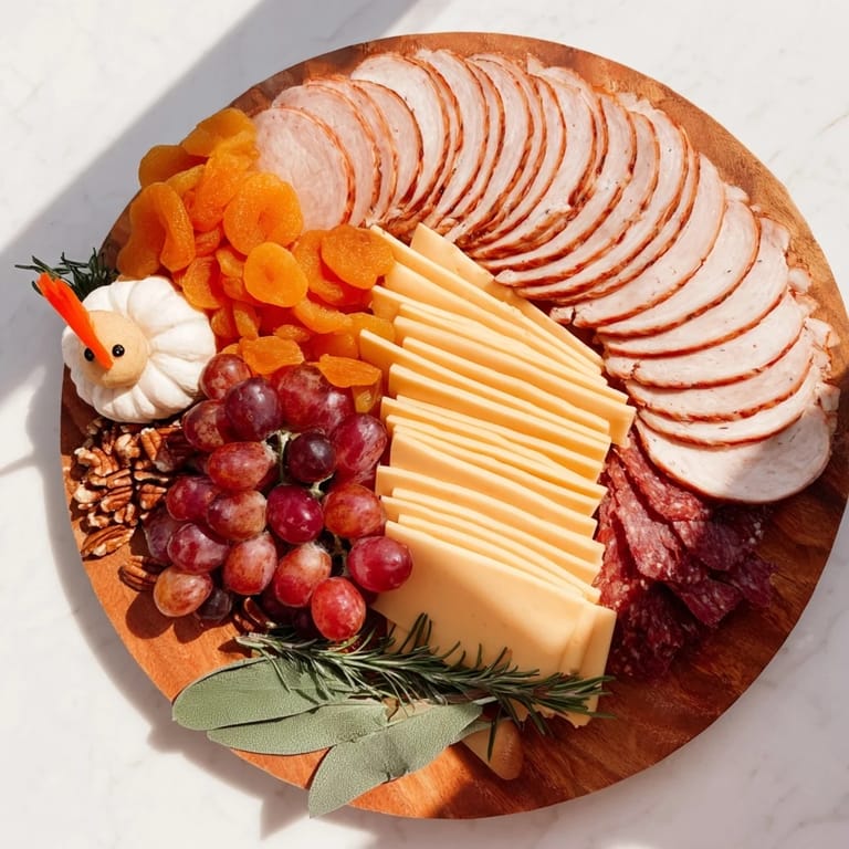 Thanksgiving guests will enjoy this artful turkey tail fan, a delightful charcuterie board.