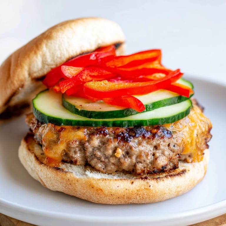 Hot skillet-seared Fire & Ice Burgers, boasting vibrant red pepper slices and creamy yogurt.