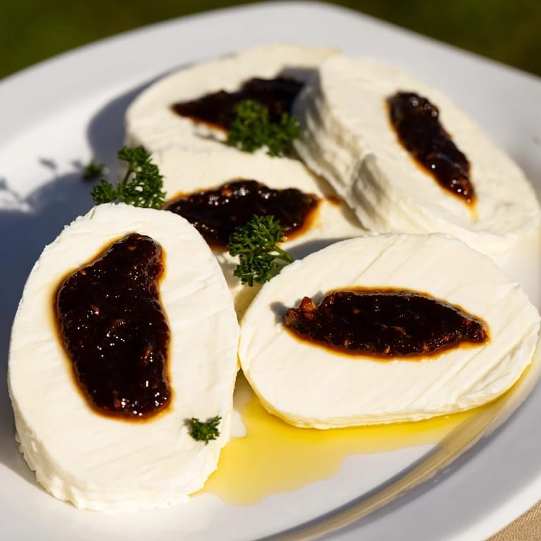 Delicious The Victorian Cameo appetizer served: a gluten-free cracker with cheese oval and intricate tapenade design.