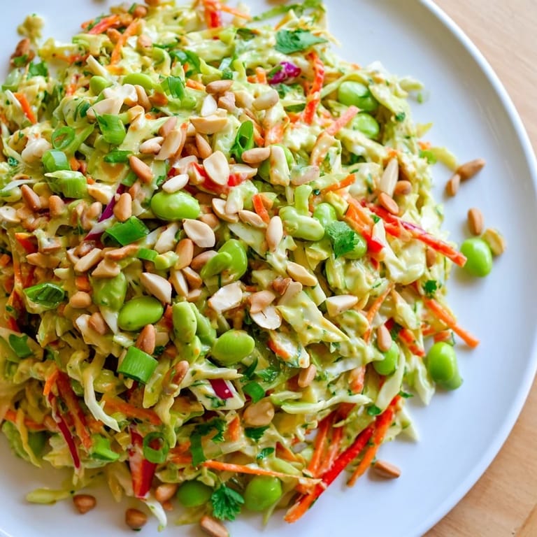 A close-up view of a refreshing crunchy cabbage and edamame salad with vibrant vegetables and crunchy toppings.