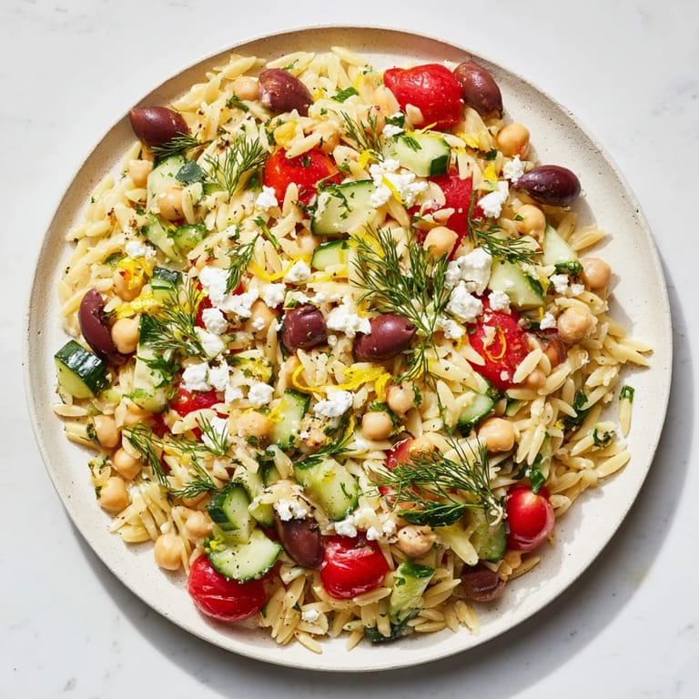 Close-up of a vibrant Greek Lemon-Orzo Bean Salad, ready to eat for a refreshing meal.