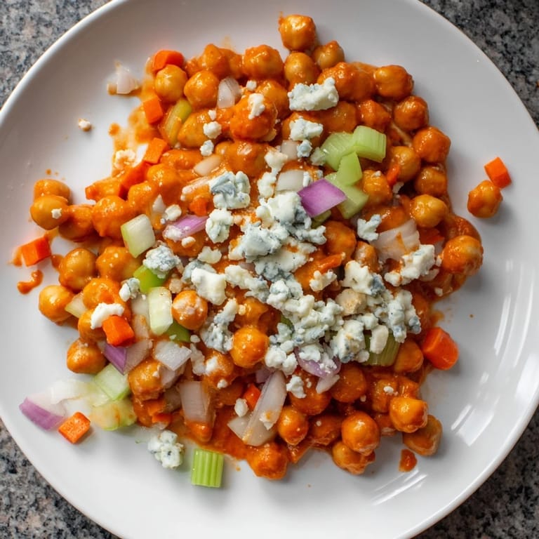 Fresh, crunchy buffalo chicken bean salad, a hearty salad featuring spicy chickpeas and veggies.