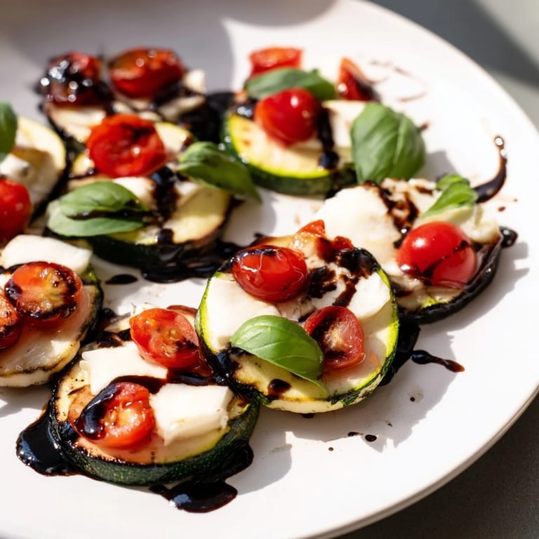 Fresh Zucchini Caprese Bites appetizer, artfully arranged and drizzled with glistening balsamic glaze.