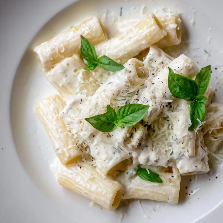 Velvety smooth creamy cottage cheese pasta, topped with Parmesan and ready for serving.