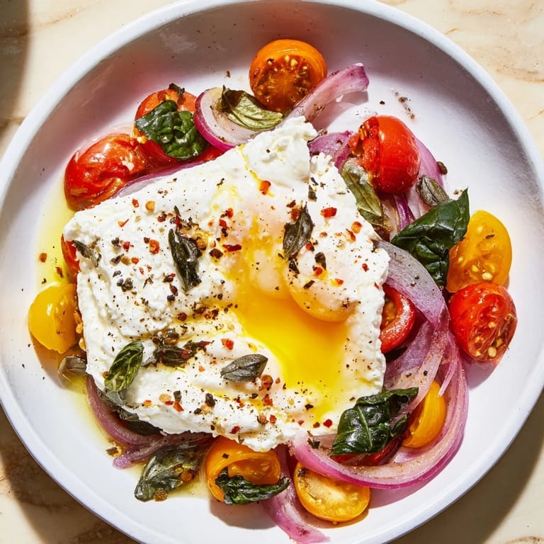Enjoy a close-up of delicious baked feta eggs, bursting with flavor and fresh basil garnish.