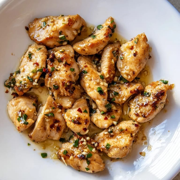 Close-up of succulent garlic butter chicken bites, vibrant with parsley, a quick and easy dinner.
