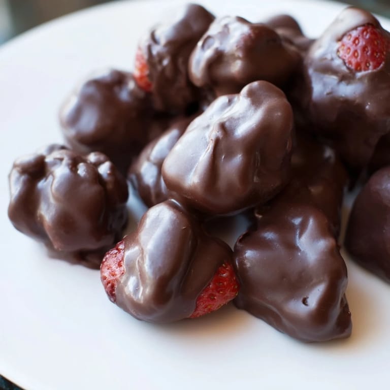 Freshly made strawberry yogurt clusters, coated in gleaming chocolate, ready for a perfect cold bite!